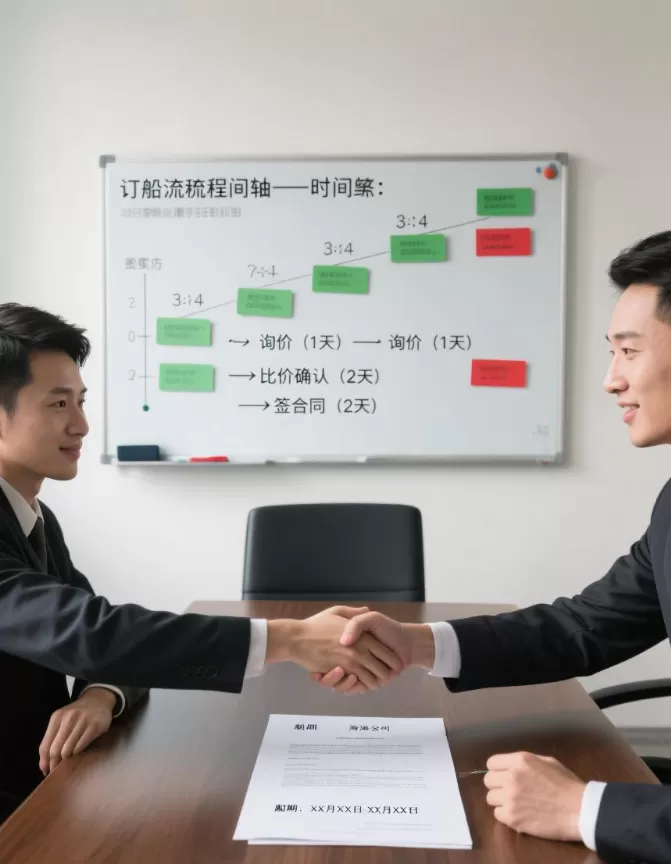 Two men in suits shaking hands, with a shipping process timeline on a whiteboard behind them.